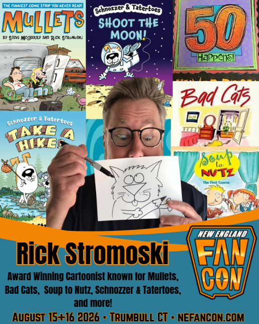 image of Rick Stromoski with backdrop of comic works